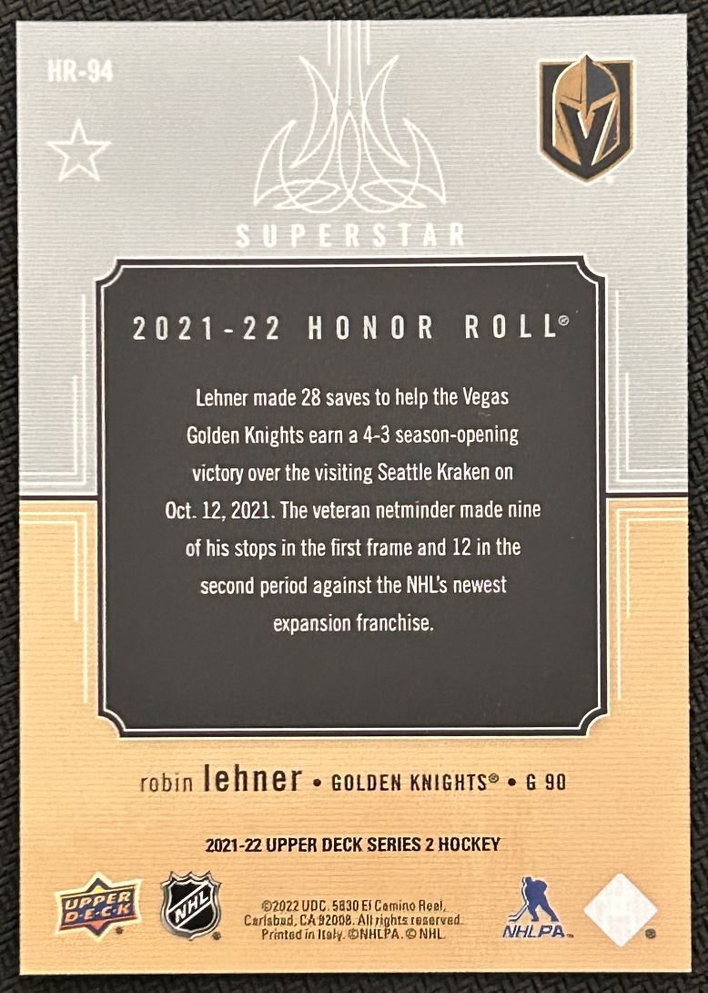 2021-22 Upper Deck Honor Roll Robin Lehner Vegas Golden Knights #HR-94