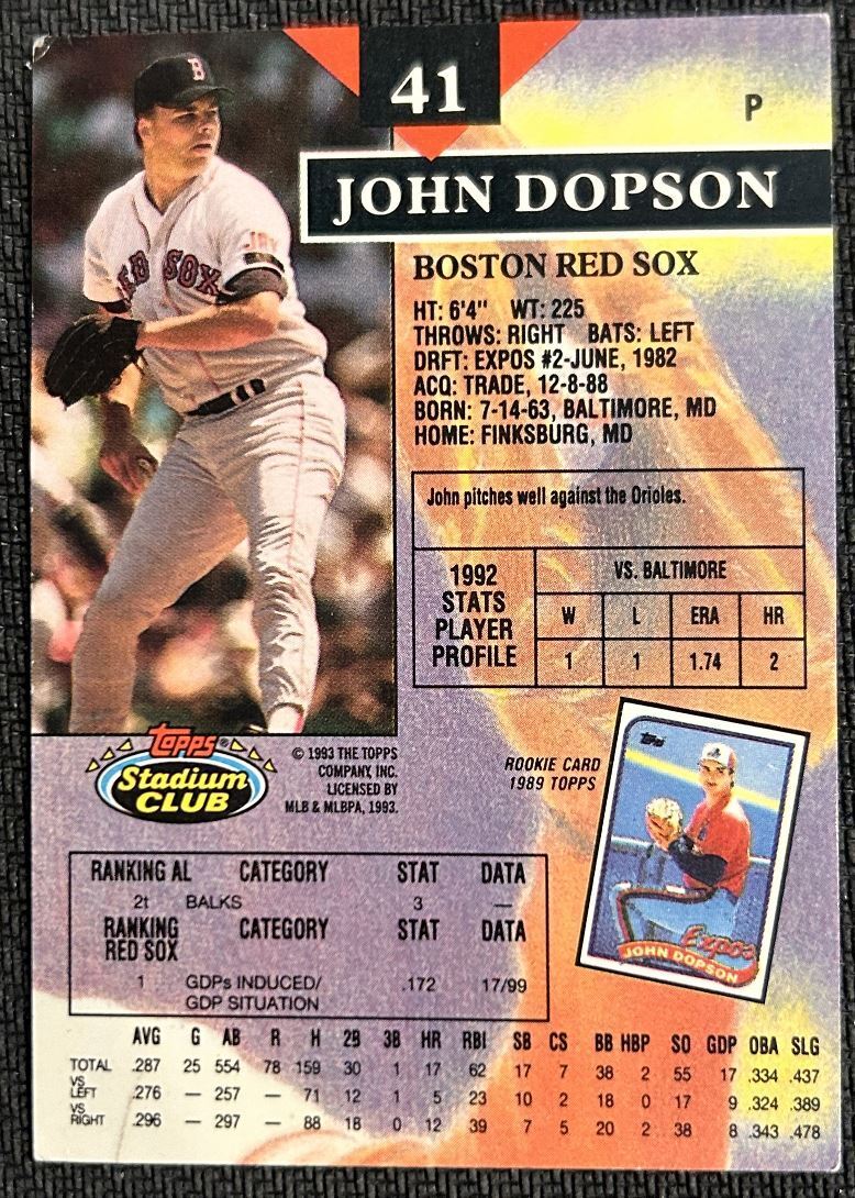 1993 Topps Stadium Club John Dopson Boston Red Sox #41