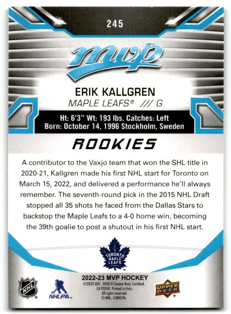 2022-23 Upper Deck MVP Erik Kallgren Rookie Toronto Maple Leafs #245