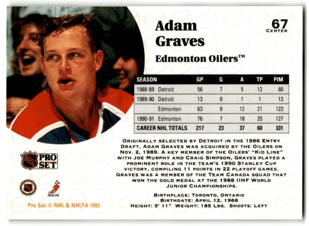 1991-92 Pro Set Adam Graves Edmonton Oilers #67