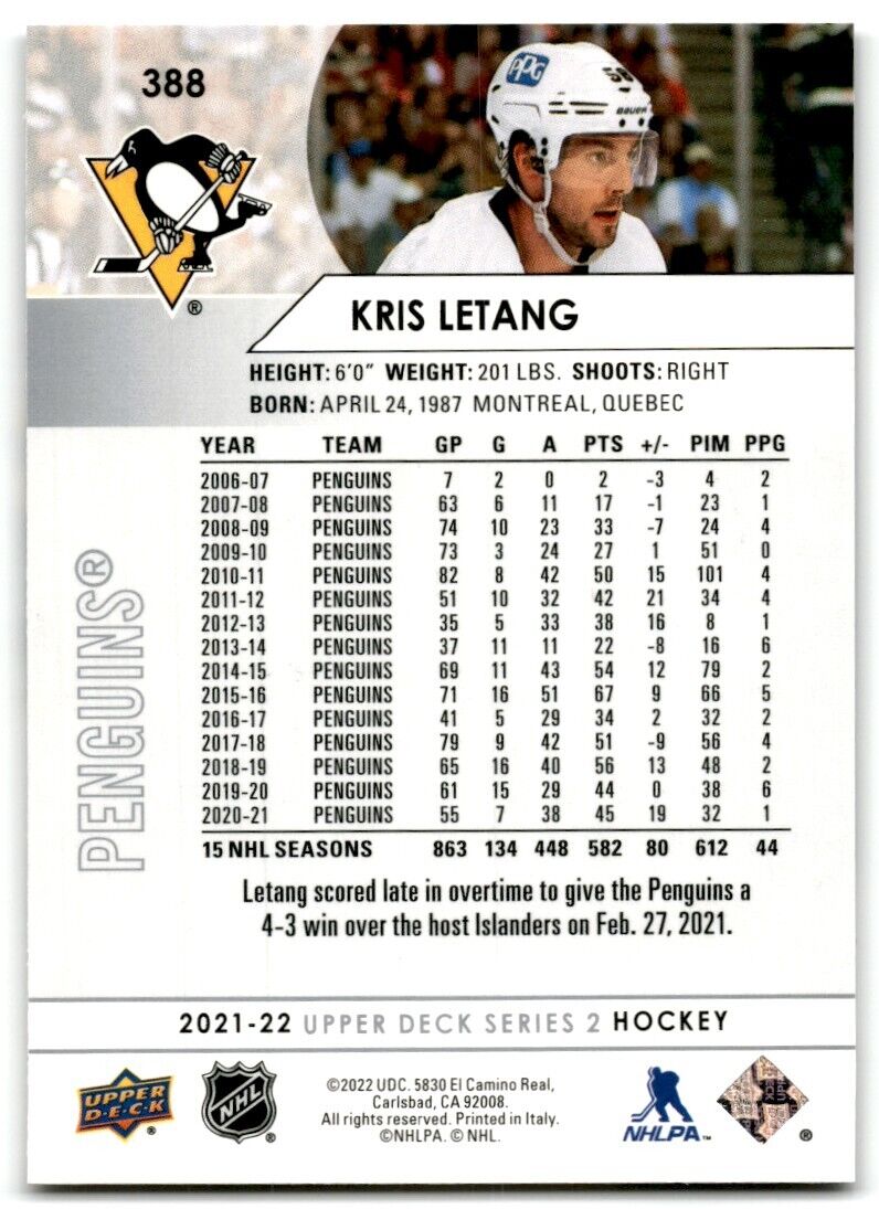 2022-23 Upper Deck Kris Letang Pittsburgh Penguins #388