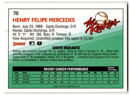 1992 Donruss The Rookies Henry Mercedes Rookie Oakland Athletics #78