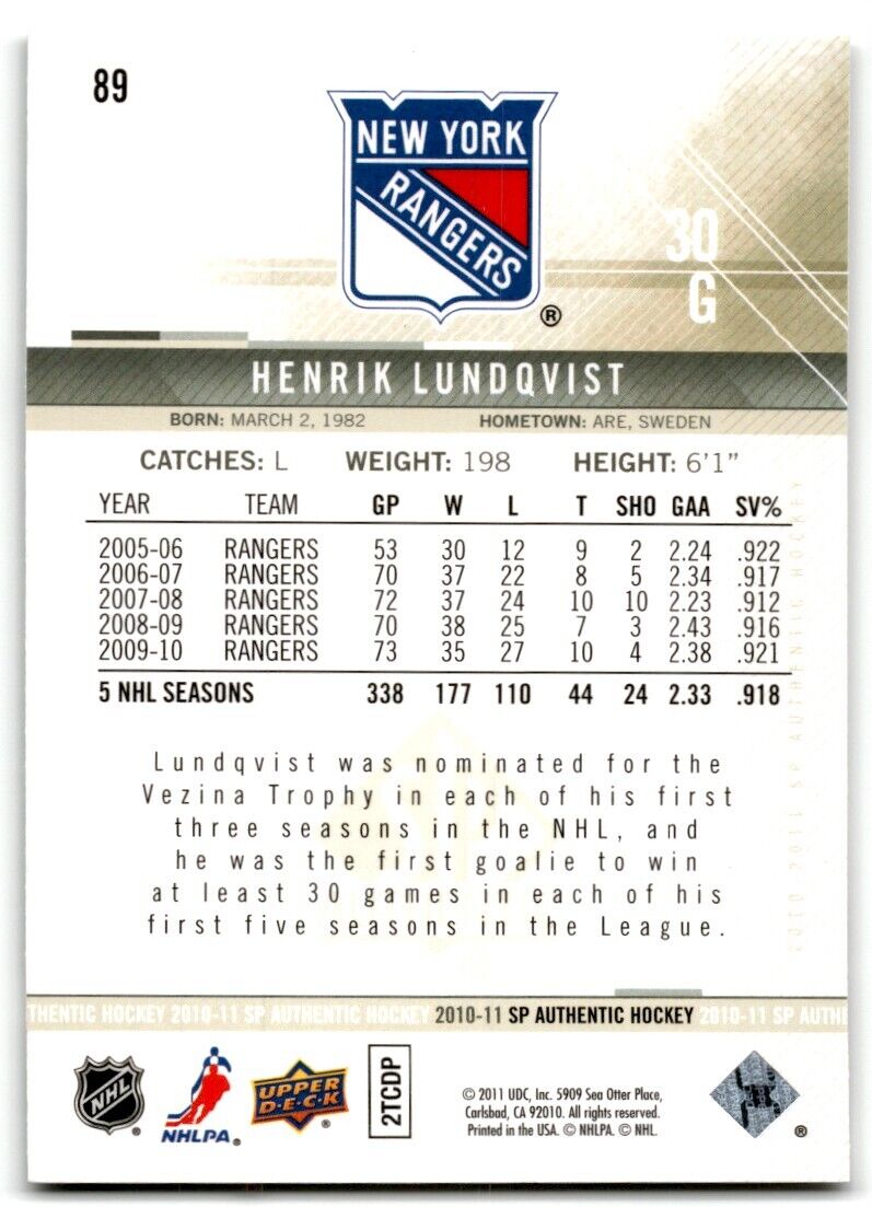 2010-11 SP Authentic Henrik Lundqvist New York Rangers #89