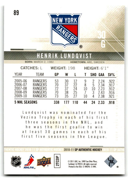 2010-11 SP Authentic Henrik Lundqvist New York Rangers #89