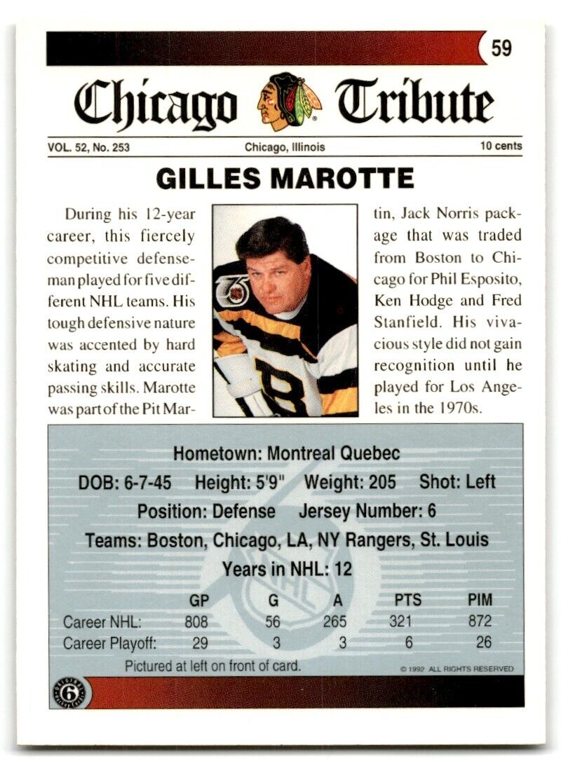 1991-92 Ultimate Original 6 French Gilles Marotte Chicago Blackhawks #59