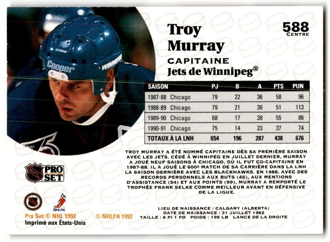 1991-92 Pro Set Troy Murray Winnipeg Jets #588