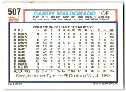 1992 Topps Candy Maldonado Toronto Blue Jays #507