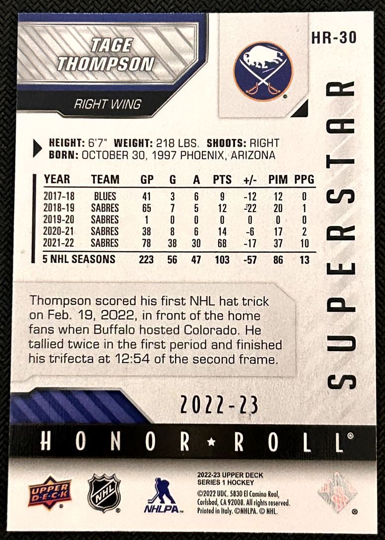 2022-23 Upper Deck Honor Roll Tage Thompson Buffalo Sabres #HR-30