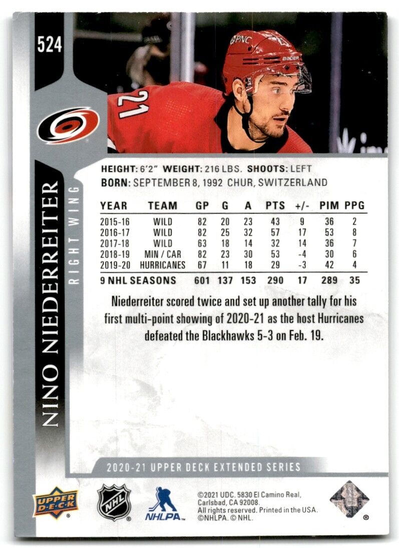 2020-21 Upper Deck Nino Niederreiter Carolina Hurricanes #524