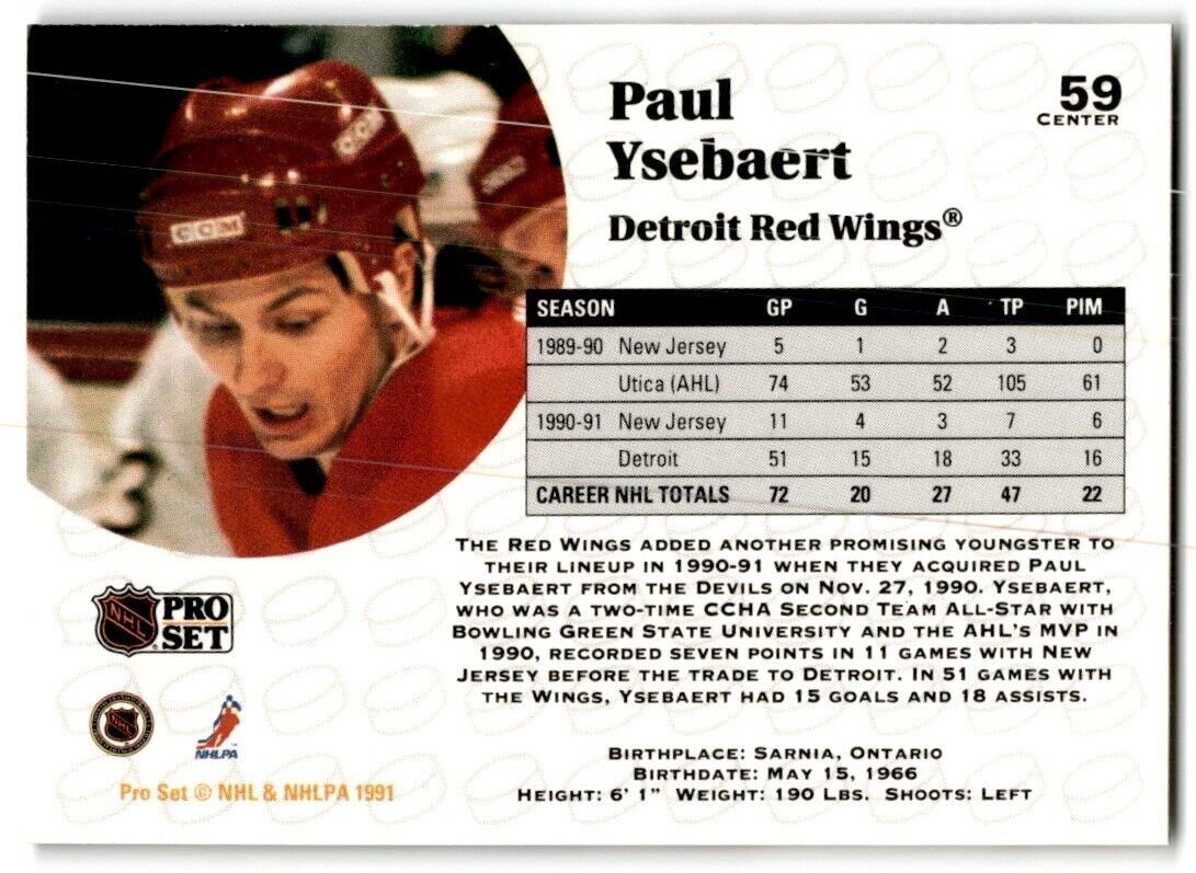 1991-92 Pro Set Paul Ysebaert Detroit Red Wings #59