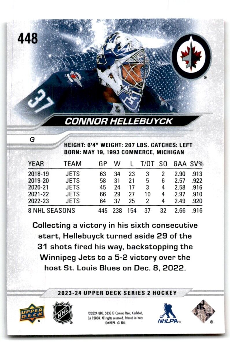 2023-24 Upper Deck Connor Hellebuyck Winnipeg Jets #448