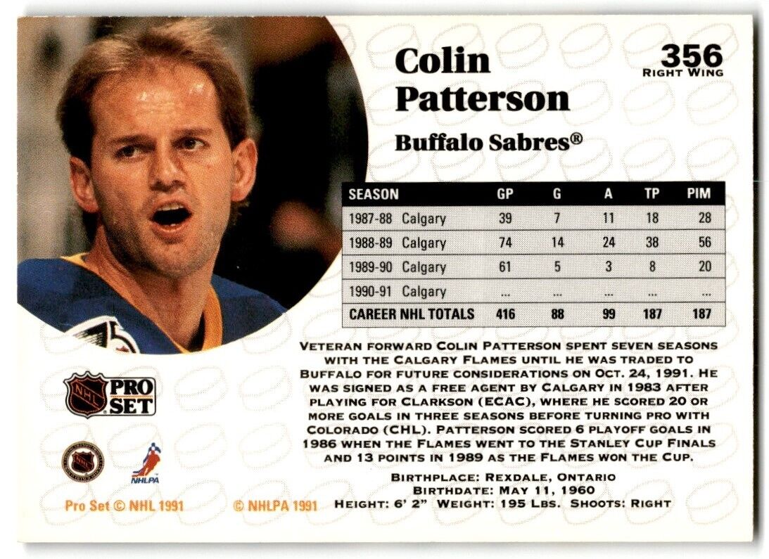 1991-92 Pro Set Colin Patterson Buffalo Sabres #356