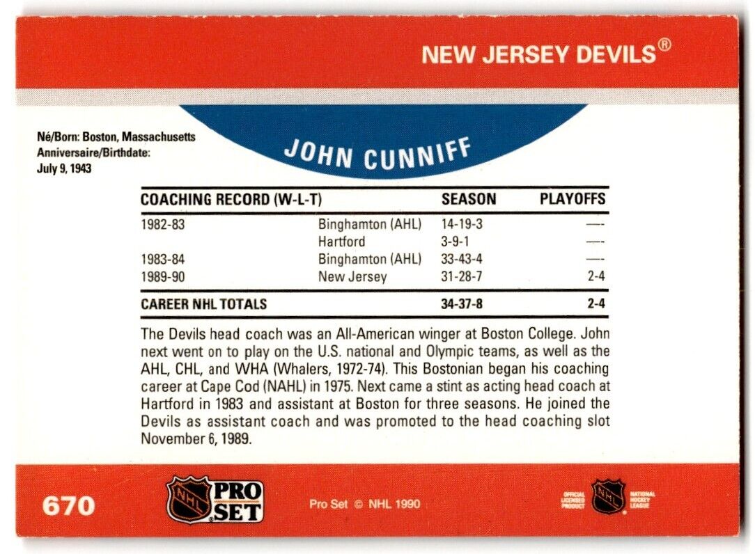 1990-91 Pro Set John Cunniff Rookie New Jersey Devils #670