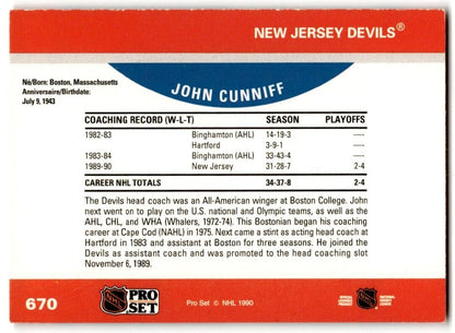 1990-91 Pro Set John Cunniff Rookie New Jersey Devils #670