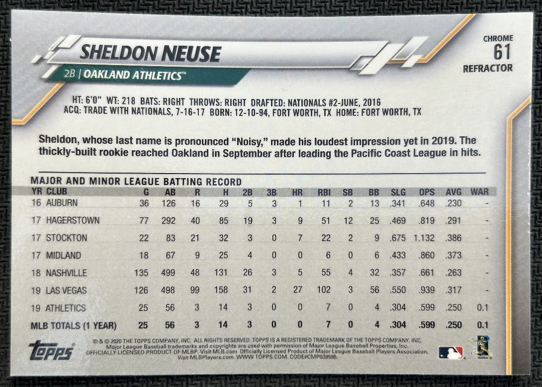 2020 Topps Chrome Pink Sheldon Neuse Rookie Oakland Athletics #61