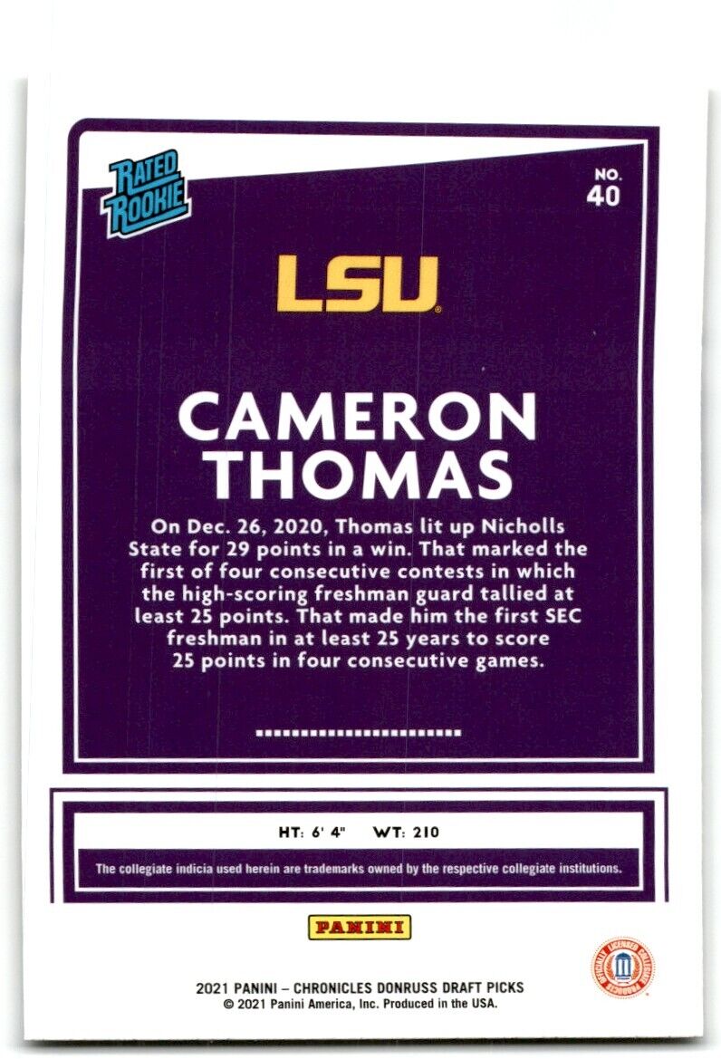 2021-22 Panini Chronicles Donruss Draft Picks Cameron Thomas LSU Tigers #40