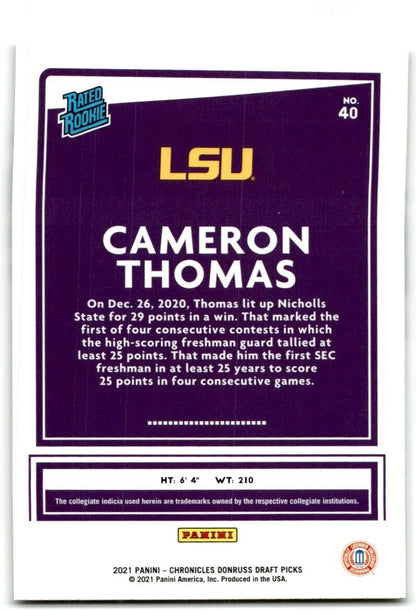 2021-22 Panini Chronicles Donruss Draft Picks Cameron Thomas LSU Tigers #40