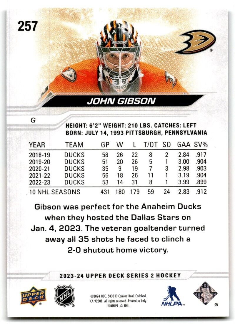 2023-24 Upper Deck John Gibson Anaheim Ducks #257