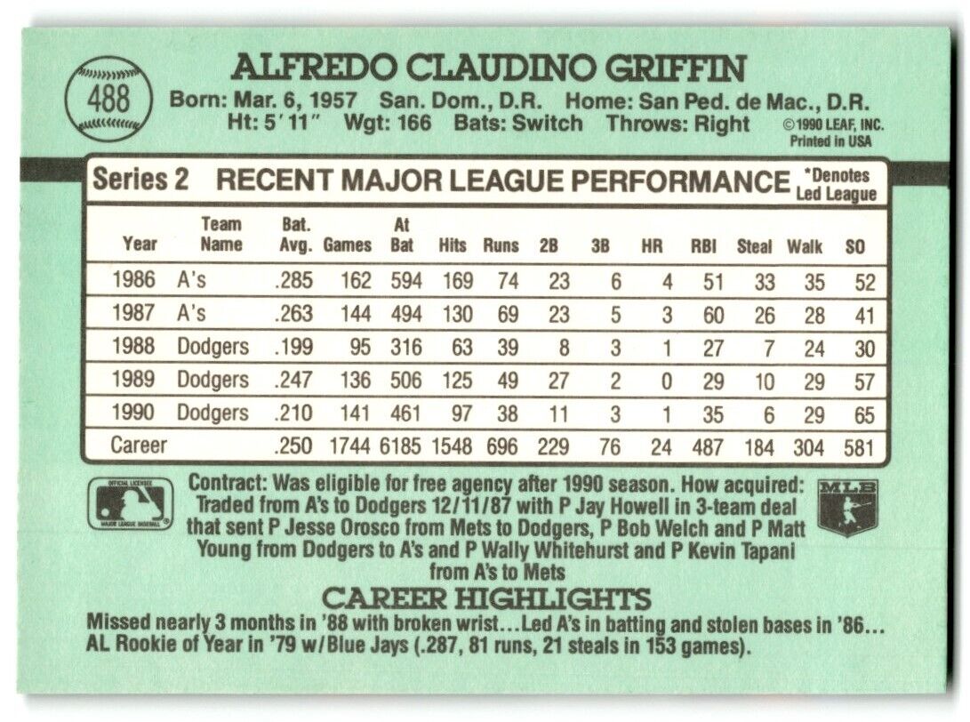 1991 Donruss Alfredo Griffin Los Angeles Dodgers #488