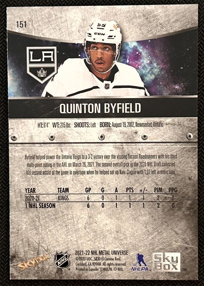 2021-22 Skybox Metal Universe Quinton Byfield Rookie Los Angeles Kings #151