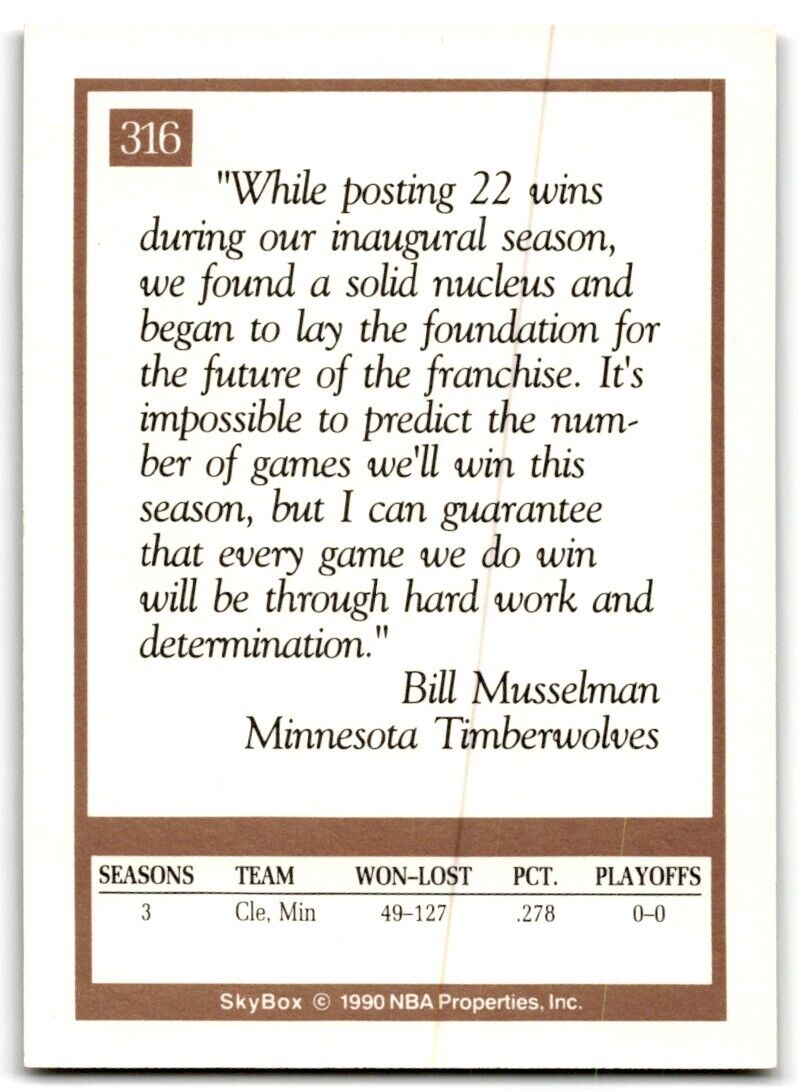 1990-91 SkyBox Bill Musselman Minnesota Timberwolves #316