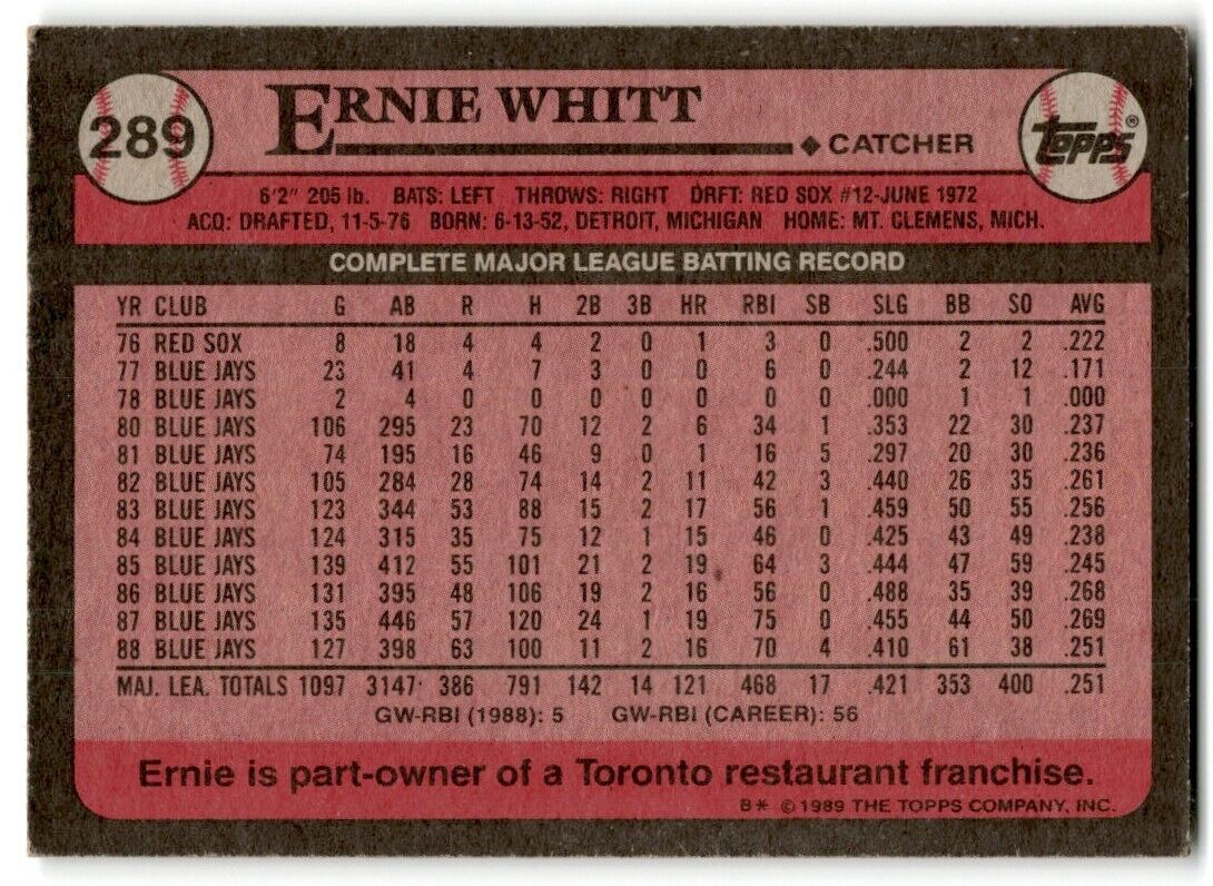 1989 Topps Ernie Whitt Toronto Blue Jays #289