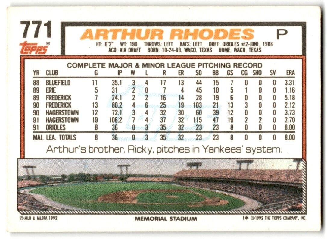 1992 Topps Arthur Rhodes Baltimore Orioles #771