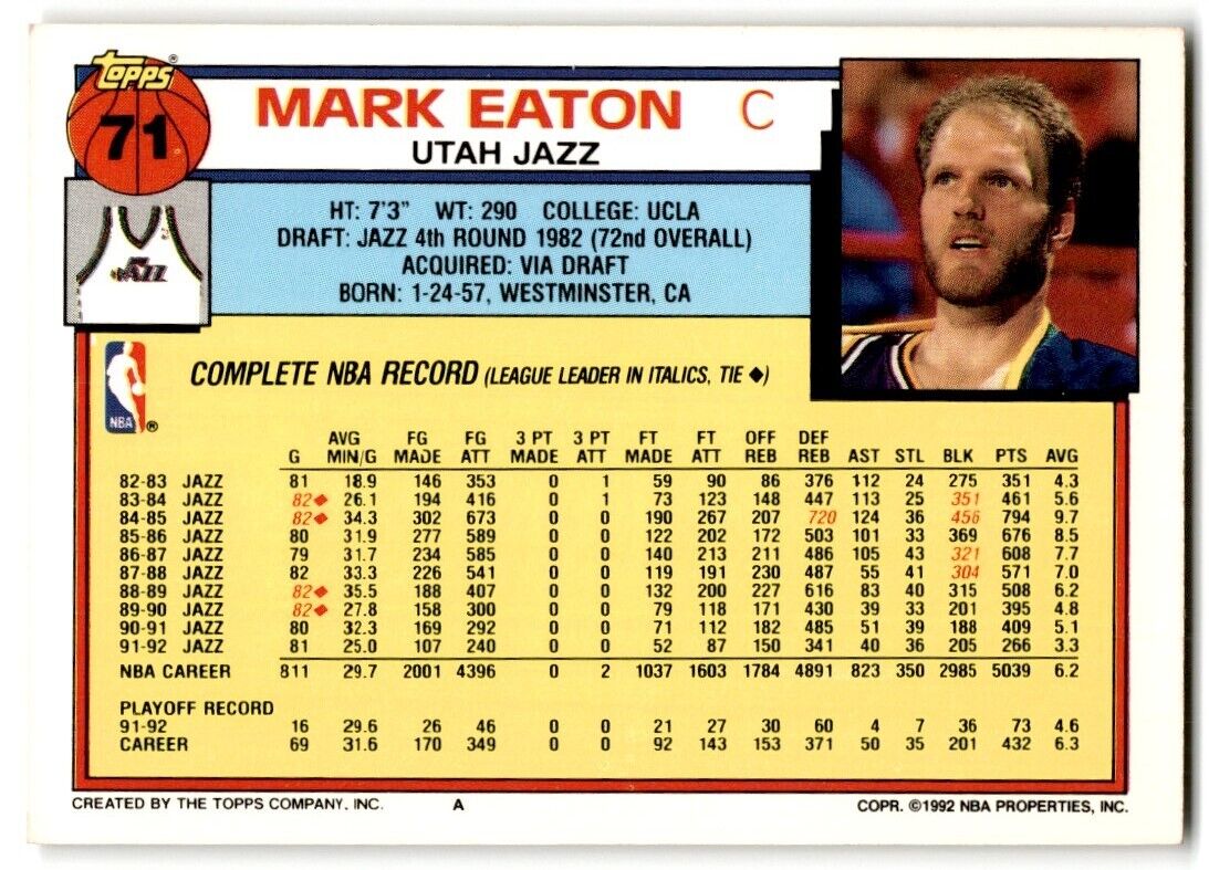 1992-93 Topps Mark Eaton Utah Jazz #71