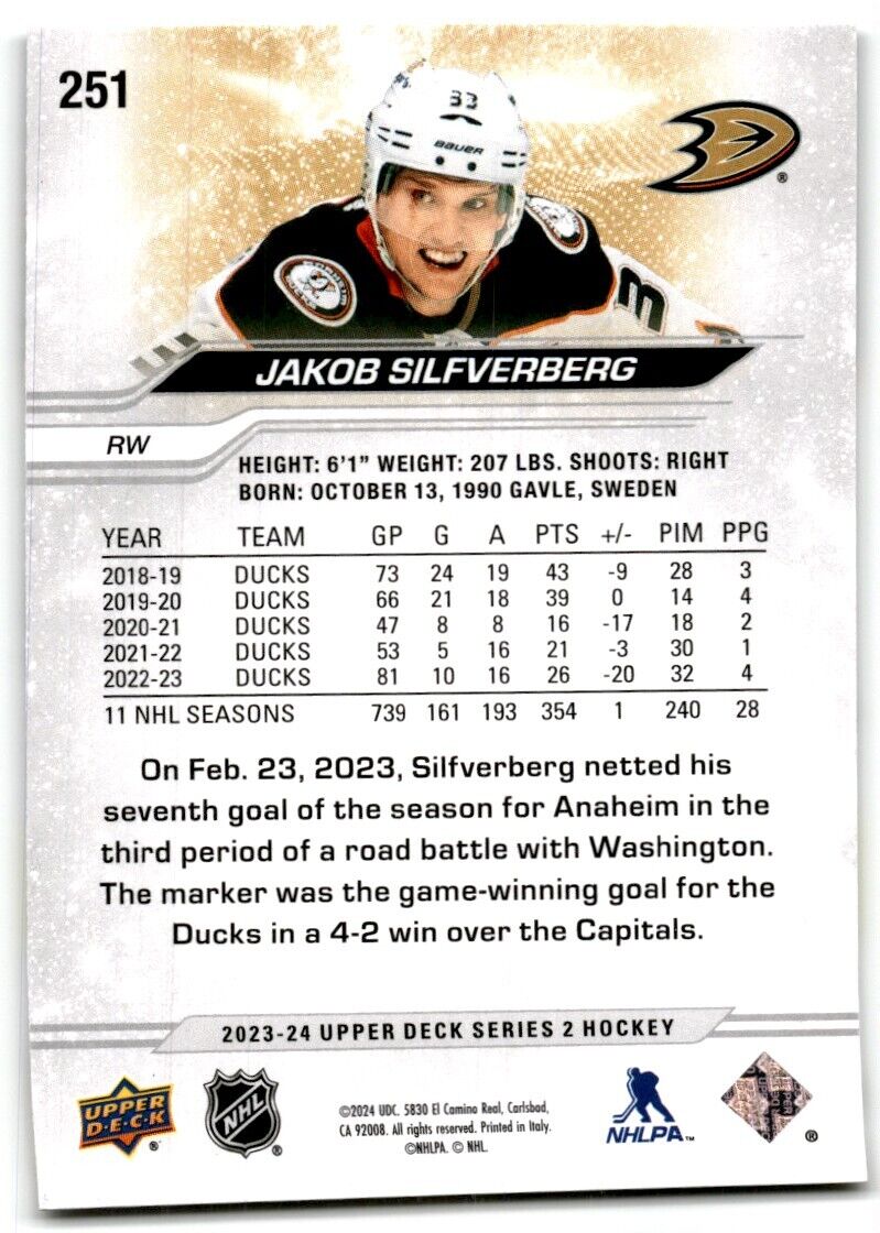 2023-24 Upper Deck Jakob Silfverberg Anaheim Ducks #251