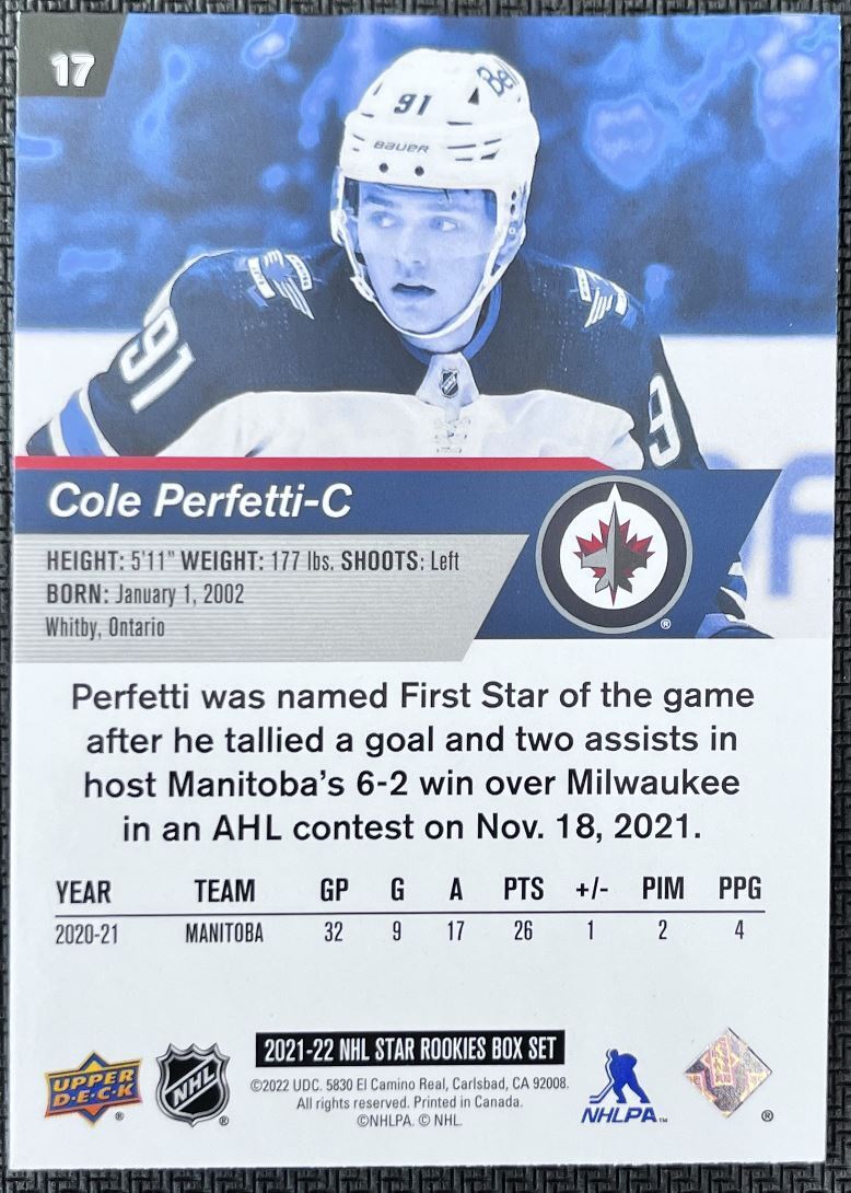 2021-22 Upper Deck NHL Star Rookie Cole Perfetti Rookie Winnipeg Jets #17