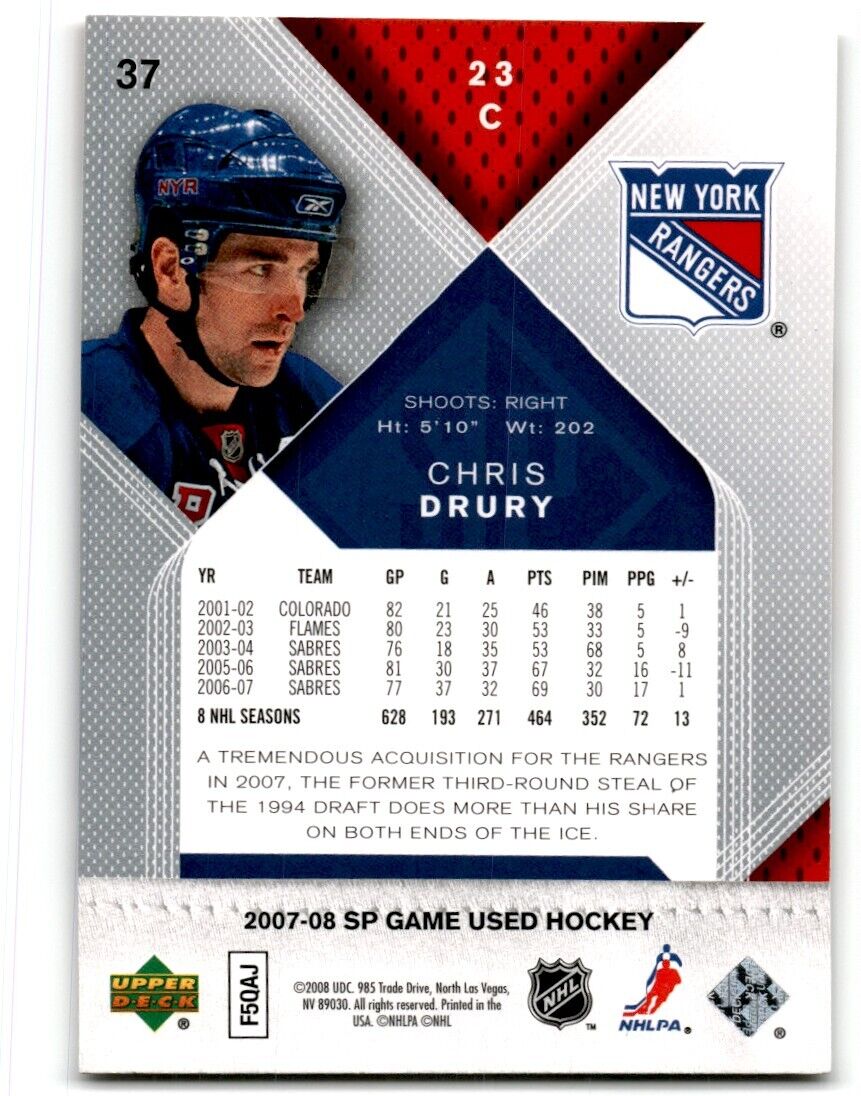 2007-08 SP Authentic Chris Drury New York Rangers #37