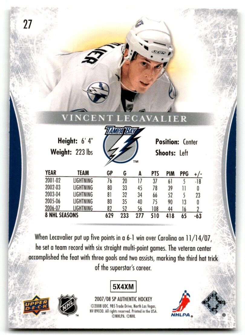 2007-08 SP Authentic Vincent Lecavalier Tampa Bay Lightning #27