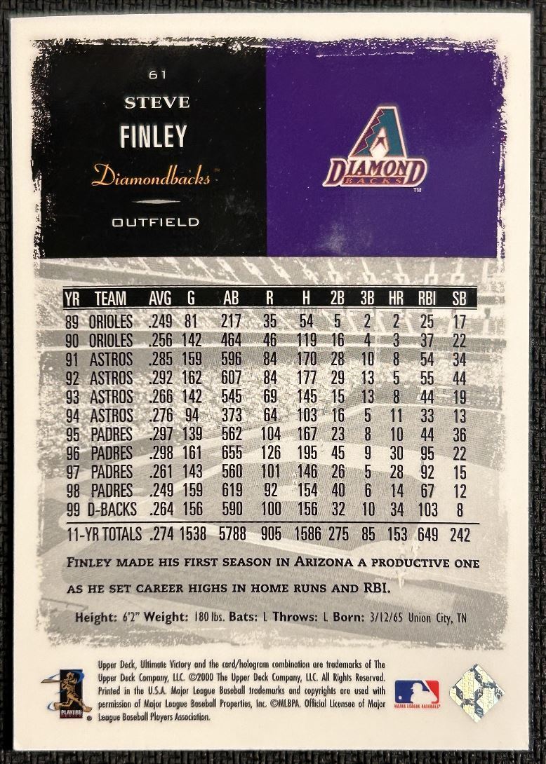 2000 Upper Deck Ultimate Victory Steve Finley Arizona Diamondbacks #61