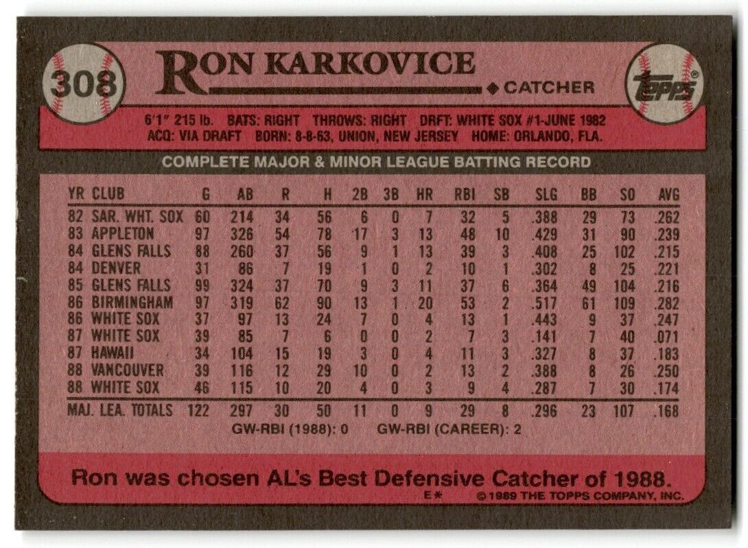 1989 Topps Ron Karkovice Chicago White Sox #308