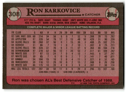 1989 Topps Ron Karkovice Chicago White Sox #308