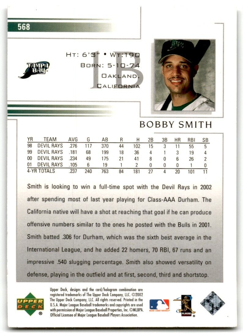 2002 Upper Deck Bobby Smith Tampa Bay Devil Rays #568