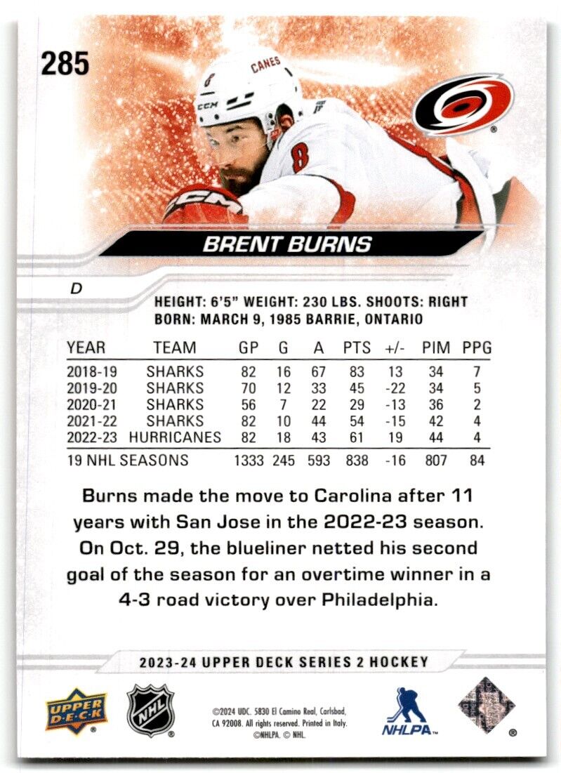 2023-24 Upper Deck Brent Burns Carolina Hurricanes #285