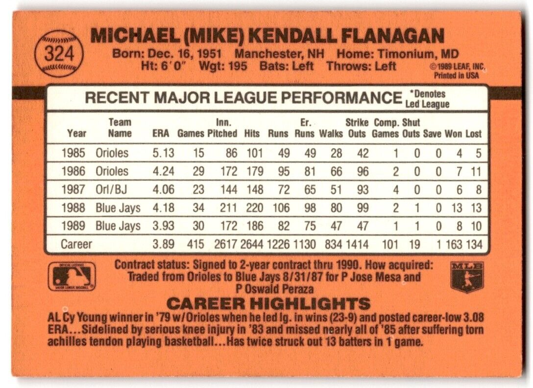 1989 Donruss Mike Flanagan Toronto Blue Jays #324