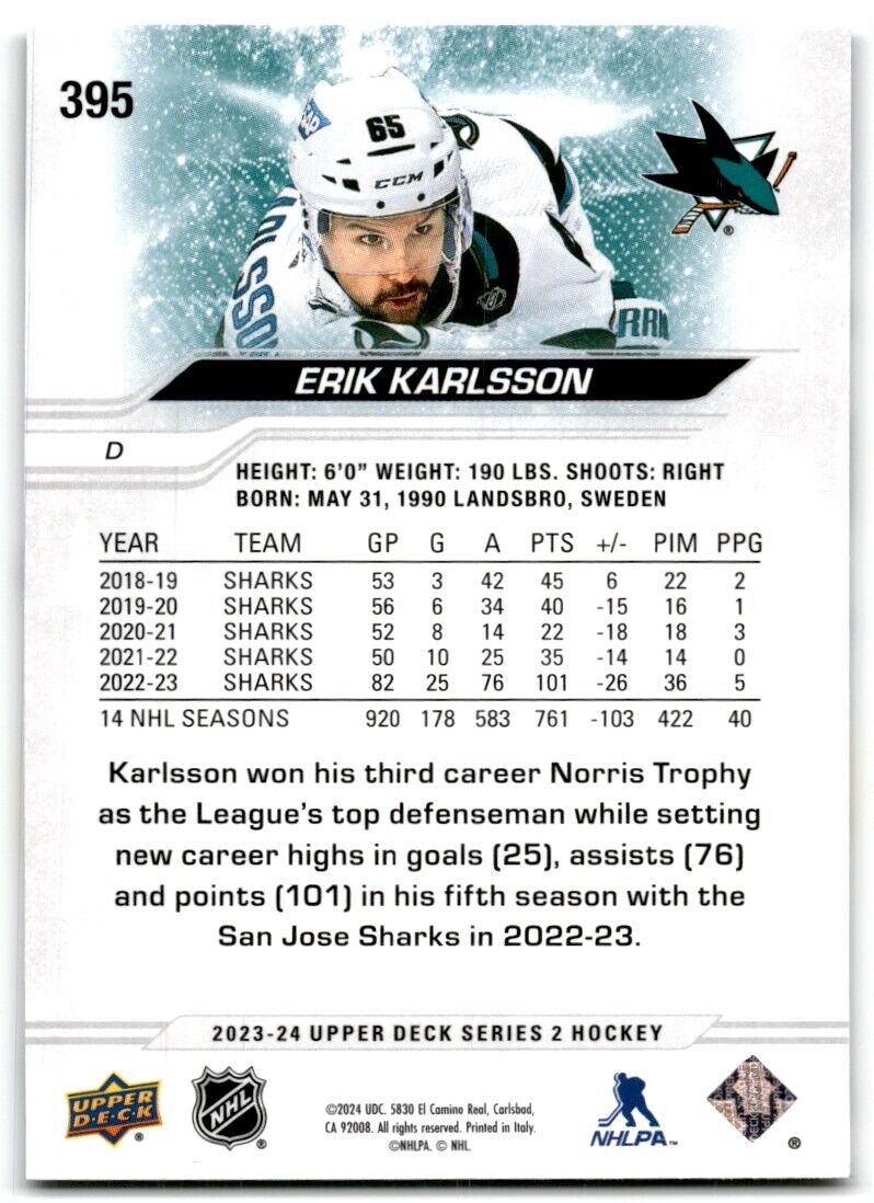 2023-24 Upper Deck Erik Karlsson San Jose Sharks #395