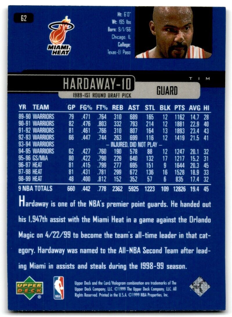 1999-00 Upper Deck Tim Hardaway Miami Heat #62