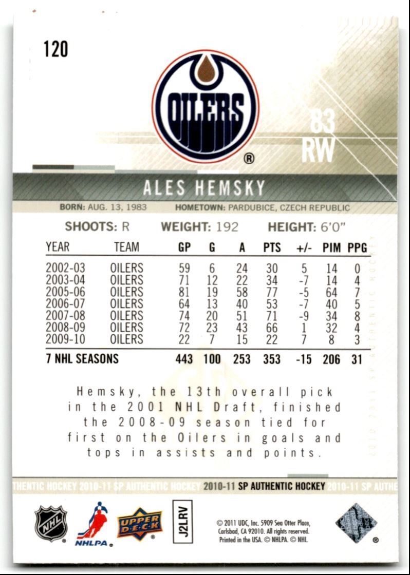 2010-11 SP Authentic Ales Hemsky Edmonton Oilers #120