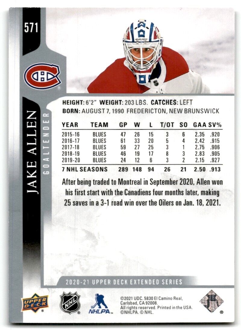 2020-21 Upper Deck Jake Allen Montreal Canadiens #571