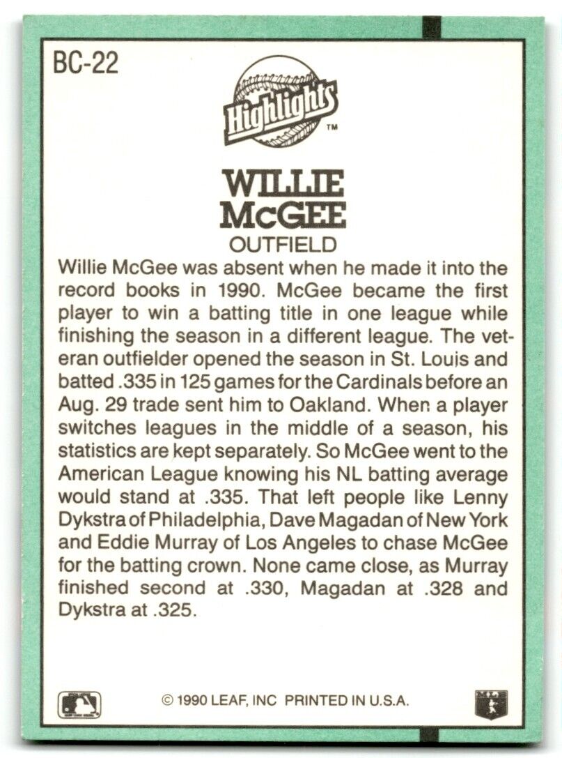 1991 Donruss Bonus Cards Willie McGee Oakland Athletics #BC-22