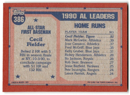 1991 Topps Cecil Fielder Detroit Tigers #386