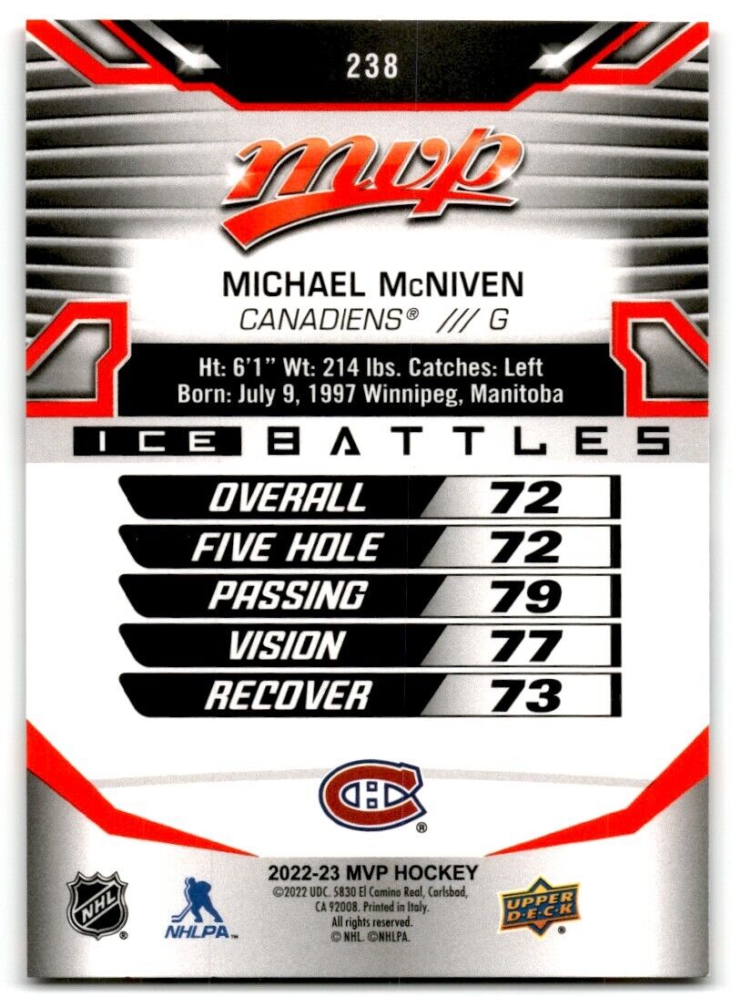 2022-23 Upper Deck MVP Ice Battles Michael McNiven Montreal Canadiens #238