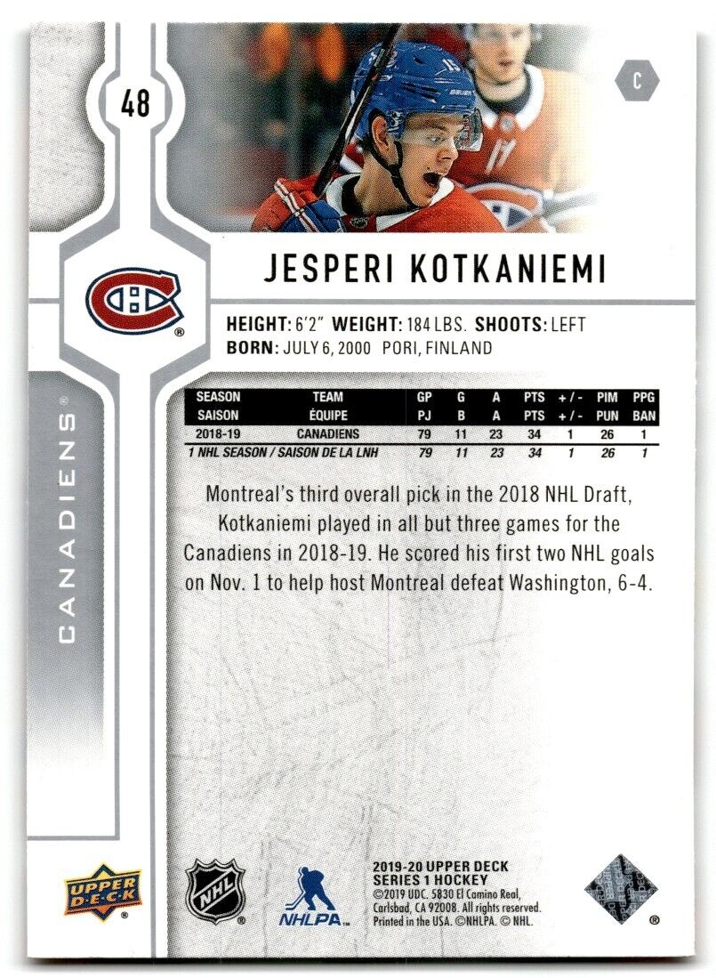 2019-20 Upper Deck Jesperi Kotkaniemi Montreal Canadiens #48