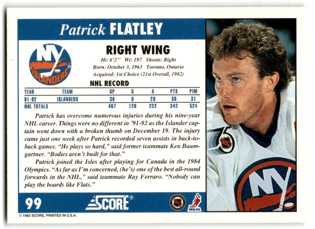 1992-93 Score Patrick Flatley New York Islanders #99