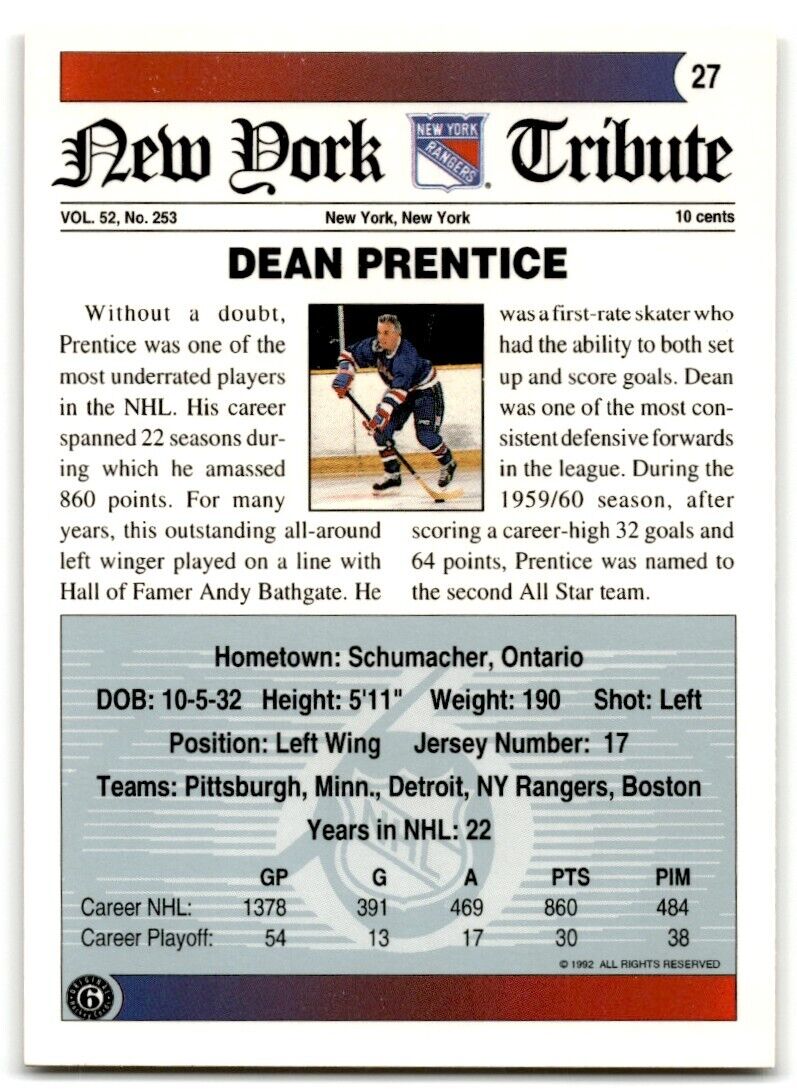 1991-92 Ultimate Original 6 Dean Prentice New York Rangers #27