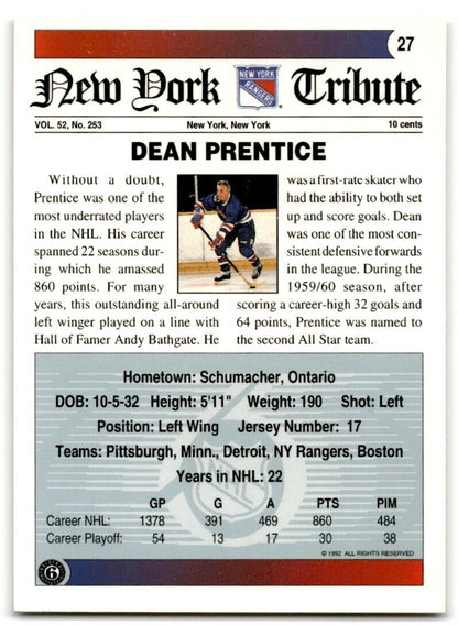 1991-92 Ultimate Original 6 Dean Prentice New York Rangers #27