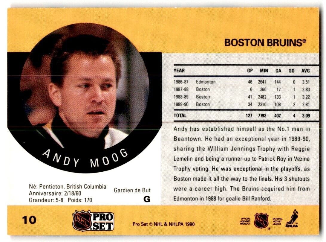 1990-91 Pro Set Andy Moog Boston Bruins #10